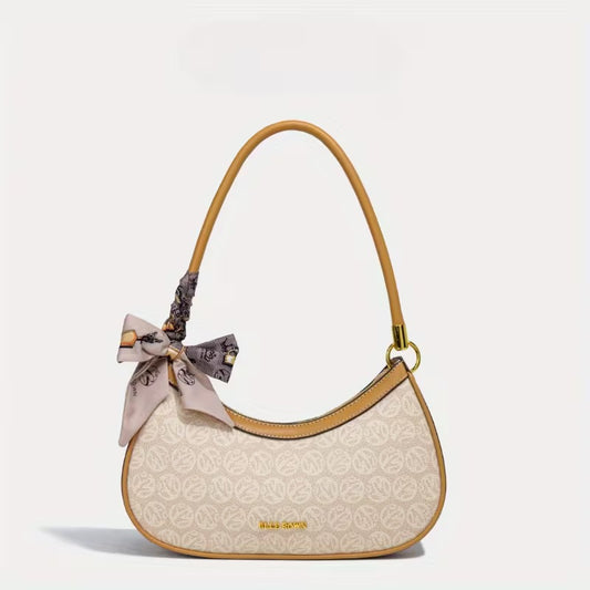 حقيبة كتف هلالية بيج بنقشة مونوغرام ووشاح للنساء